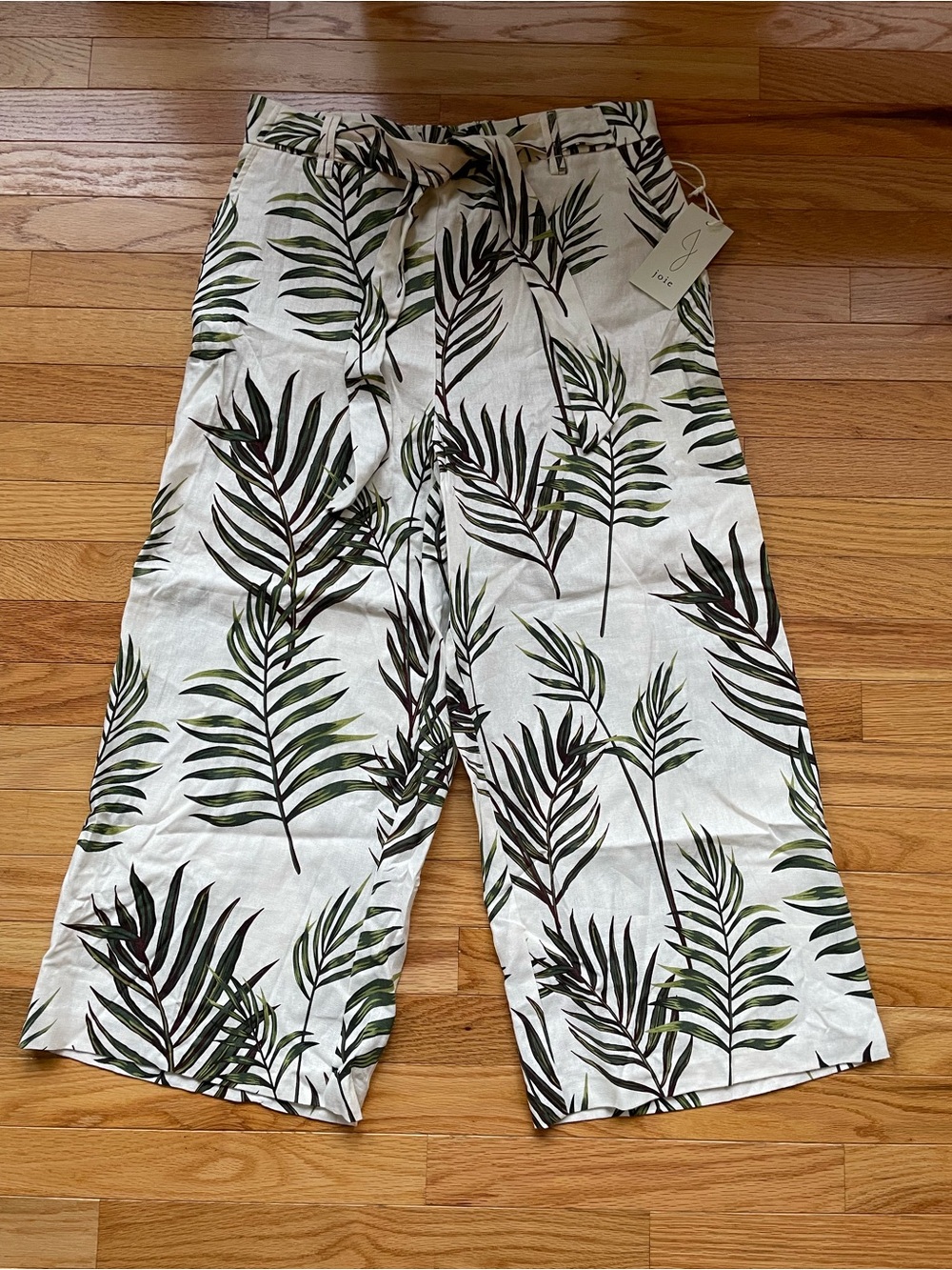 Joie White Wide-Leg Palm Print Linen Pants